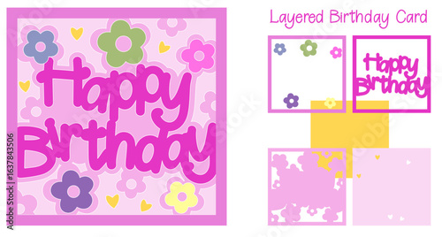 Happy Birthday card with flowers, Layered papercut greeting card