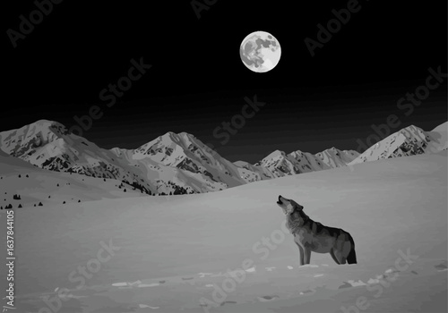 A lone wolf stands in a snowy landscape howling at the full moon, with snow-covered mountains in the background under a dark night sky.