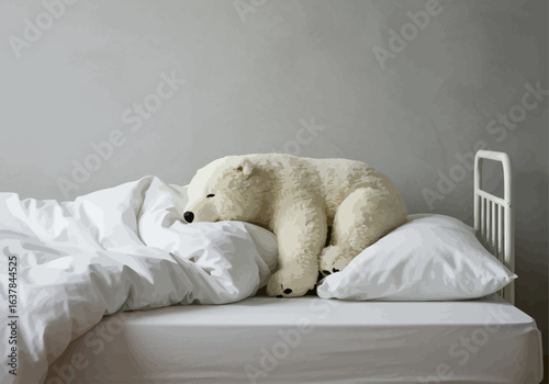 Large plush polar bear sleeps peacefully on a bed, nestled amongst white bedding.