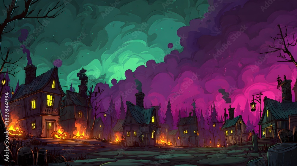 Obraz premium Eerie haunted village at night with glowing windows and swirling purple and green mist creating a mysterious atmosphere