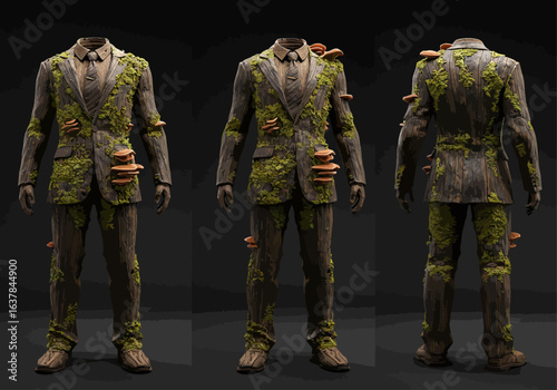A digital rendering of a suit overgrown with moss and fungi, showcasing three views of the garment.