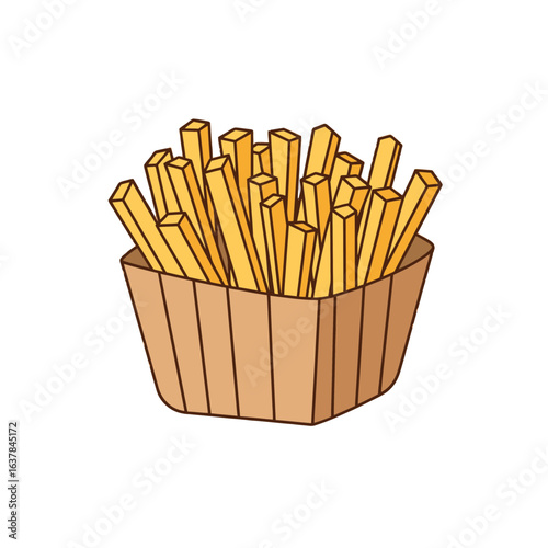 A simple cartoon illustration of golden french fries in a brown paper box. A classic deep-fried potato snack icon for fast food concepts.