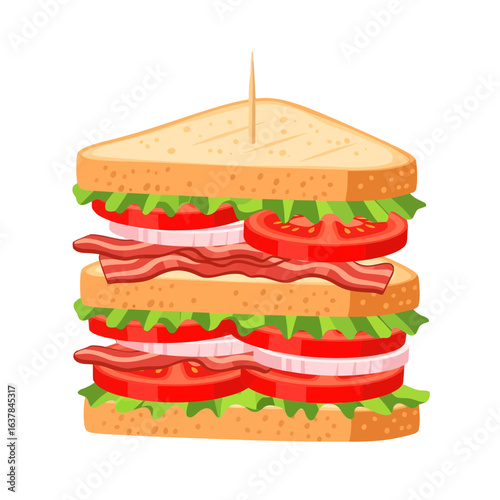 Classic double-decker club sandwich with bacon, lettuce, and tomato. Vector illustration for a cafe menu or fast food concept.