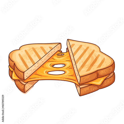 Cartoon grilled cheese sandwich illustration with a satisfying cheese pull, isolated on a white background.
