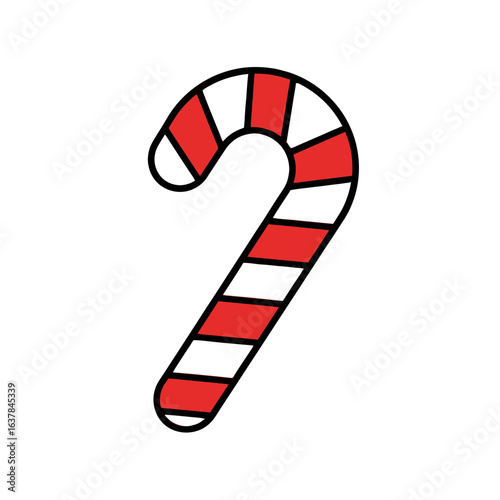 Classic red and white striped candy cane illustration. A sweet Christmas holiday treat icon, isolated on a white background.