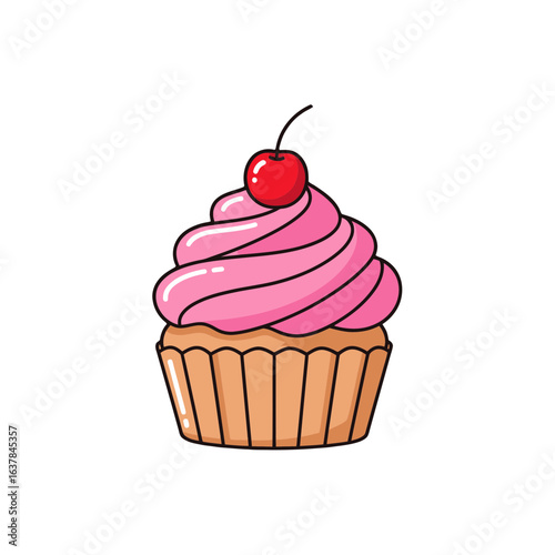 Cute cartoon cupcake with pink swirled frosting and a cherry on top. Sweet dessert vector illustration isolated on white background.
