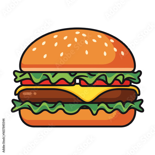 Delicious cheeseburger cartoon icon. Vector graphic of a classic American fast food hamburger with lettuce, tomato, and cheese.