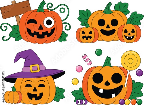Cartoon Halloween pumpkins vector set with witch hat, candy, winking face, smiling trio, and festive autumn elements