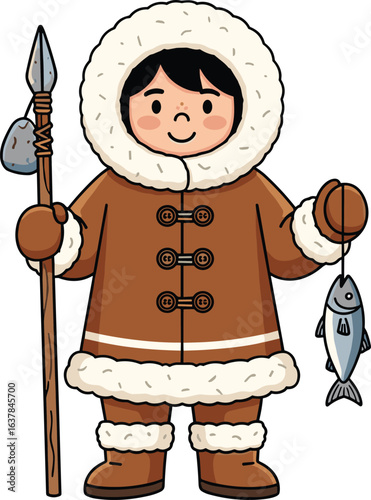 Cartoon Inuit character in fur-trimmed parka holding spear and fish, traditional Arctic outfit, cultural vector illustration for stock