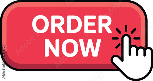 Order Now button vector with red background and clicking hand icon for e-commerce, service platforms, and promotional UI kits