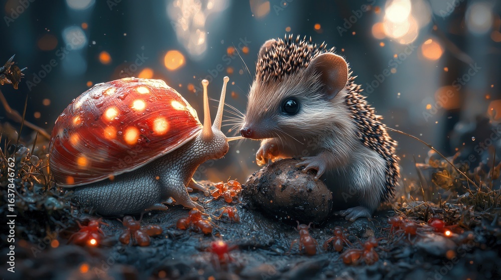 Obraz premium Magical forest scene with glowing snail and hedgehog
