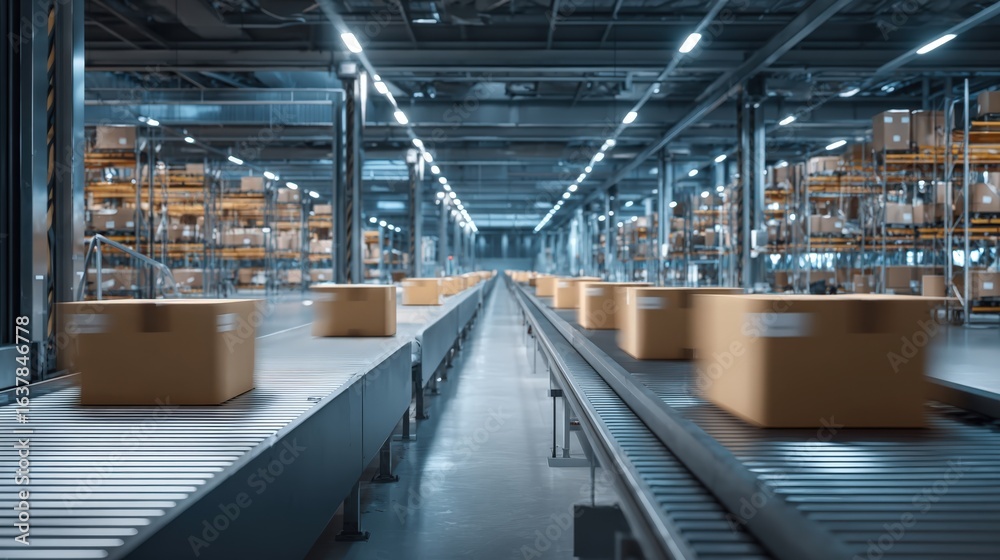 Fototapeta premium Automated Conveyor System Transporting Cardboard Boxes in a Large Warehouse for Efficient Distribution and Logistics Operations
