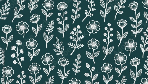 Hand-Drawn Floral Pattern on Teal Background