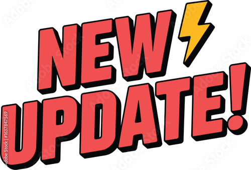 New update vector with bold red 3D text and yellow lightning bolt for software release, product change, and digital alert