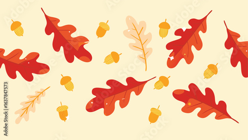 Autumnal pattern featuring scattered oak leaves and acorns on a light beige background design with fall theme
