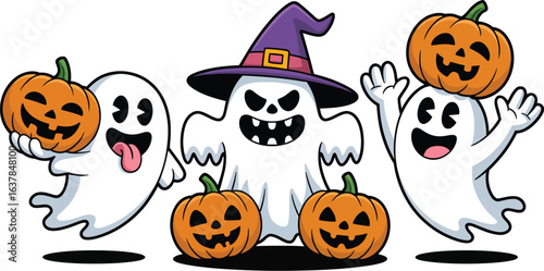 Cartoon Halloween ghost vector with pumpkins and witch hat for spooky seasonal design, party decor, and festive artwork