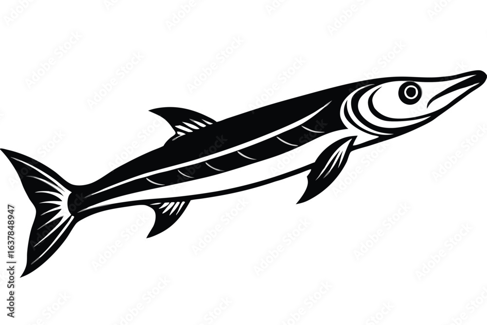 Fototapeta premium Sleek black barracuda swims powerfully with detailed fins and streamlined body against a plain background