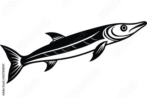 Sleek black barracuda swims powerfully with detailed fins and streamlined body against a plain background