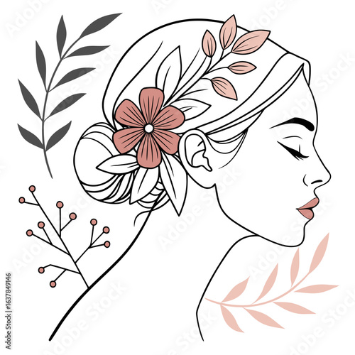 Elegant line art profile of a woman with closed eyes adorned with flowers and leaves