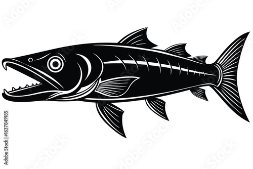 Striking monochrome barracuda with open mouth, sharp teeth, and detailed fins against a white backdrop