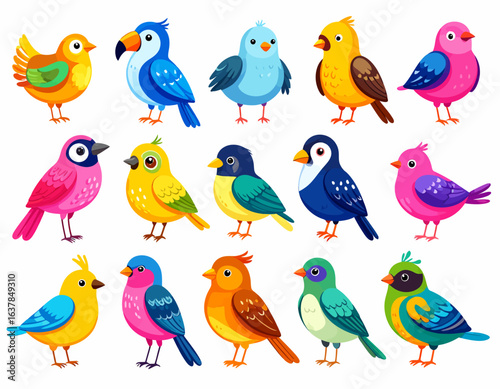 Various colorful birds cartoon vector for poster and decor