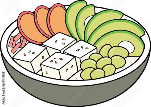 Colorful poke bowl with tofu and avocado a vegan delight, vector illustration