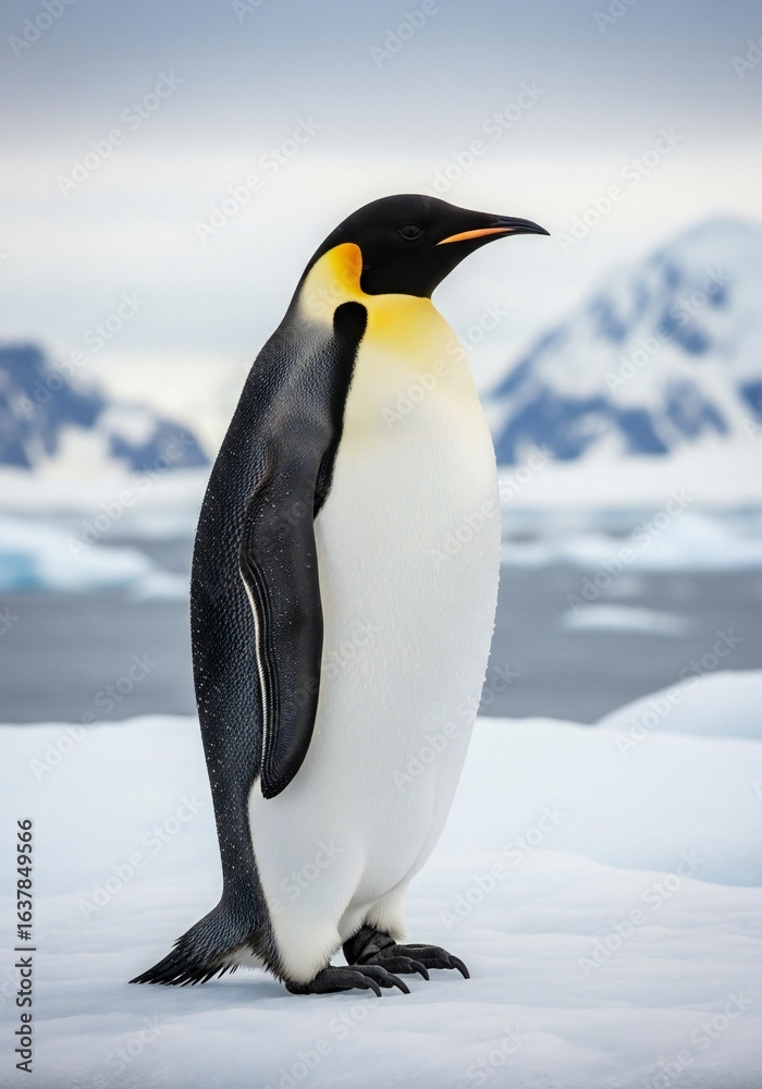 Naklejka premium Majestic emperor penguin standing tall in Antarctic landscape scenery