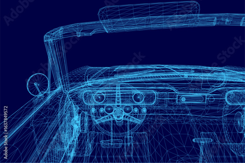 A sleek convertible car rendered in 3D wireframe reveals intricate interior details against a vibrant blue background. The transparent structure highlights the vehicle's design and engineering.