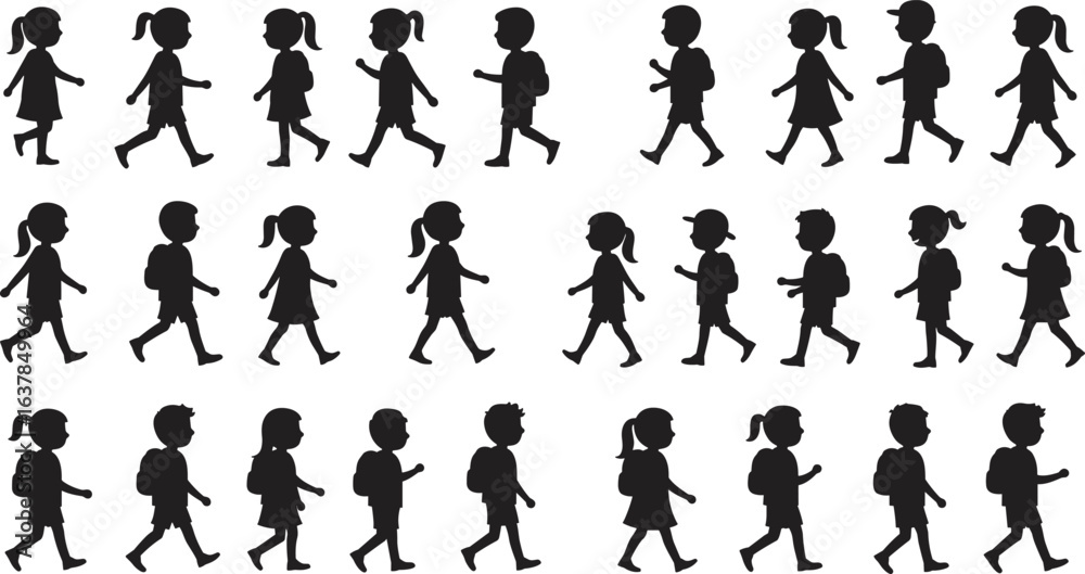 Naklejka premium Silhouettes of school children walking with backpacks, boys and girls in group, student walking vector, school kids silhouette, cad drawing flat vector illustration