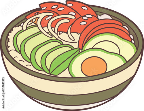 Delicious poke bowl with avocado and fish illustration art style, vector