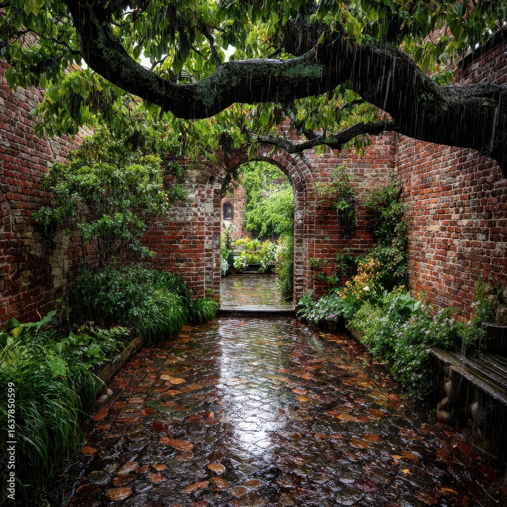 Obraz premium Rain-drenched garden path beneath a leafy archway
