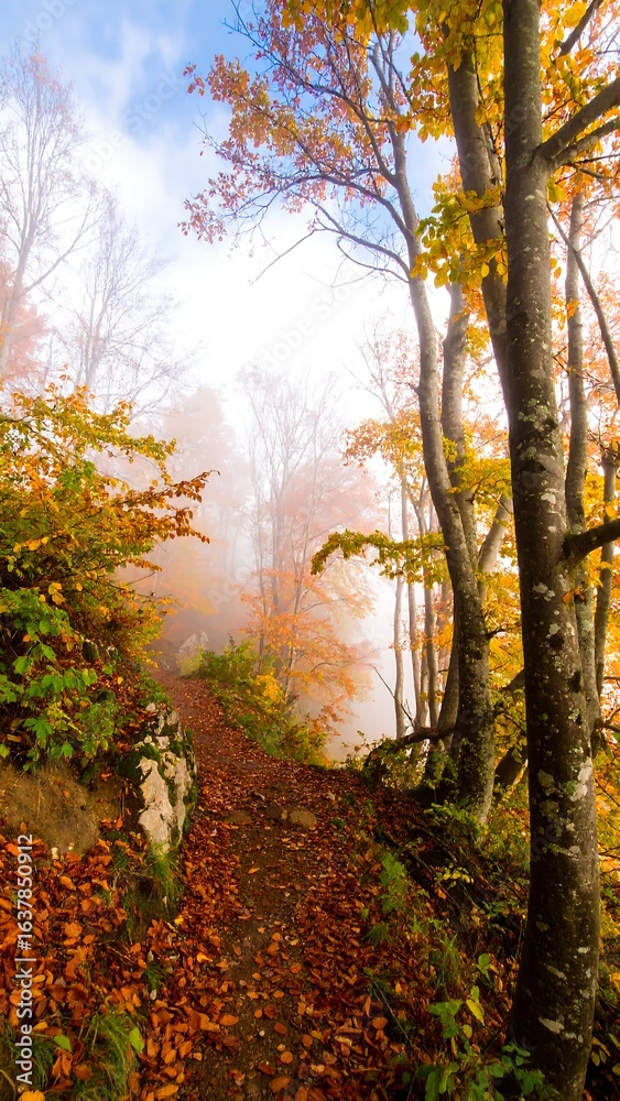Naklejka premium Misty autumn path winds through colorful forest