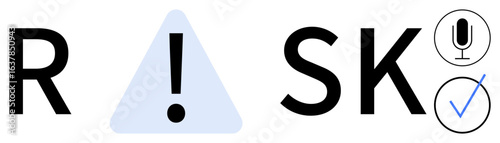 Letters spell RISK with a triangle alert symbol, microphone, and checkmark. Ideal for security, compliance, decision-making, data privacy, technology, business strategies simple landing page