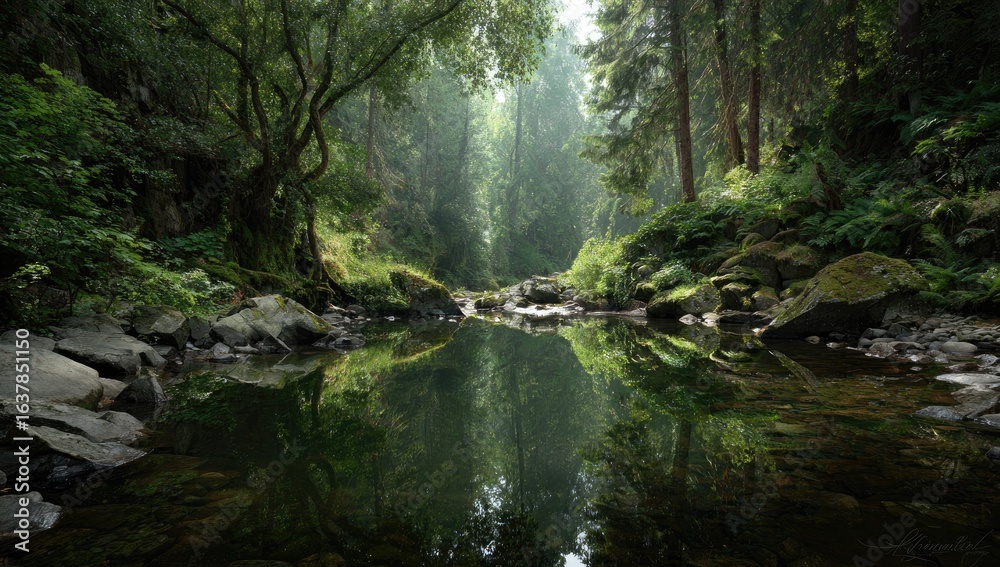 Obraz premium Tranquil forest stream reflects lush greenery