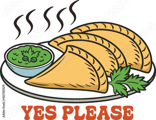 Appetizing Samosas with Green Chutney a Delicious Indian Snack, vector illustration