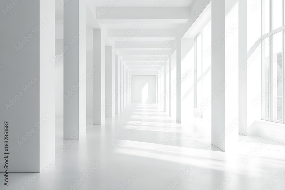 Obraz premium Bright white hallway with sunlight and architectural columns