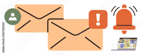 Two envelopes with user profile and alert icon, ringing bell, and laptop screen represent communication, email updates, urgent alerts, teamwork, notification reminders, and digital correspondence in