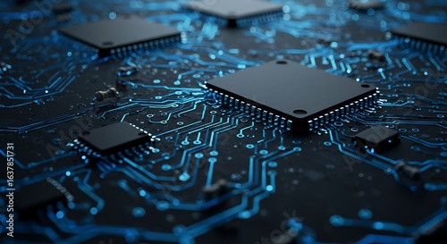 Close - up of Blue - Lit Circuit Motherboard (Chips & Precision Circuits)