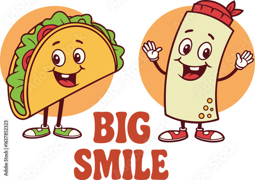 Friendly taco and burrito cartoon characters with big smiles concept, vector illustration