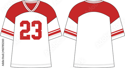 oversized varsity t shirt with dropped shoulder and v neck jersey with number print fashion flat sketch vector illustration technical cad drawing template