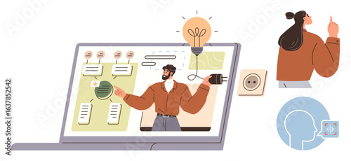 Man conducting a virtual presentation on laptop screen with workflow elements. Woman observing with an unplugged plug metaphor. Ideal for education, creativity, brainstorming, innovation