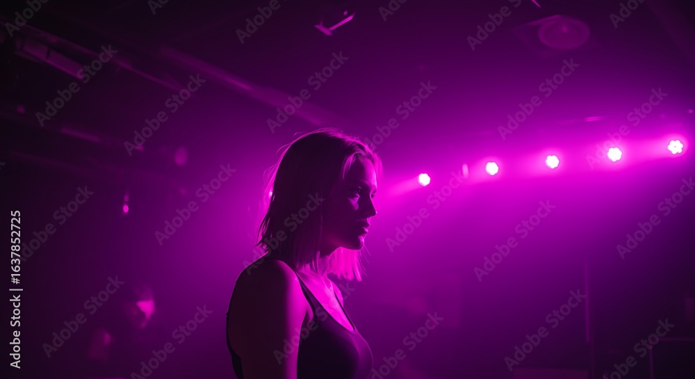 Silhouette of a person standing under vibrant purple stage lighting Silhouette of a person standing under vibrant purple stage lighting