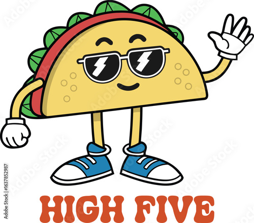 Cartoon taco character wearing sunglasses giving a high five greeting, vector illustration