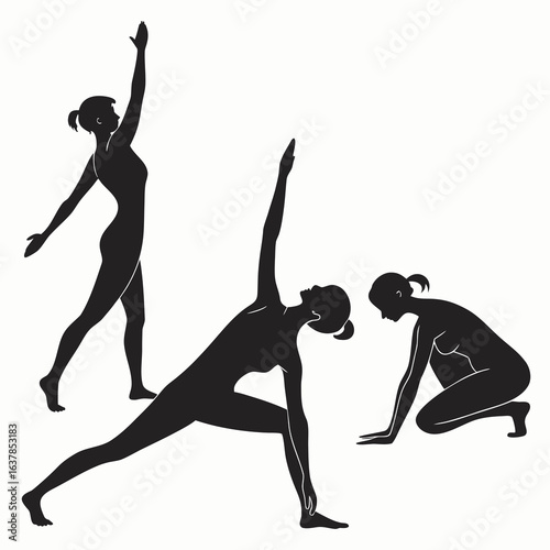 Three female silhouettes performing various yoga poses demonstrating flexibility and balance in a clean studio setting