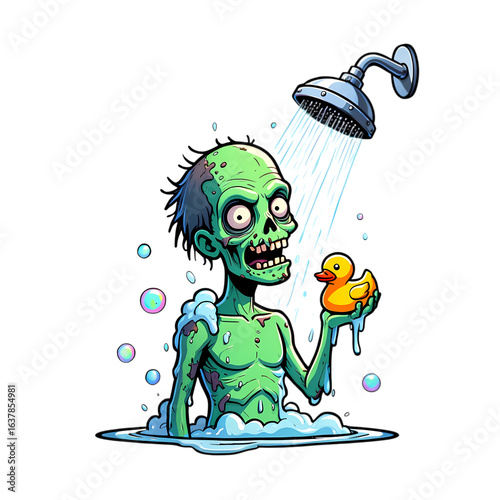 Zombie Shower Time A Hilarious Cartoon Illustration isolated on transparent background