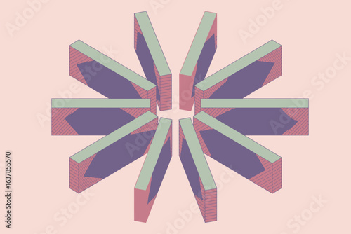 A geometric arrangement of rectangular prisms forming a radial pattern on a light pink background