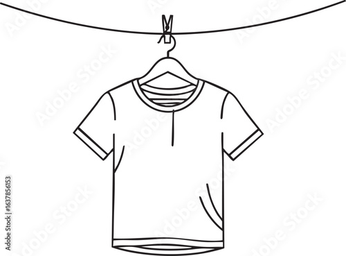 T-Shirt on Hanger Hanging from Clothesline – Vector Laundry Outline Icon"

