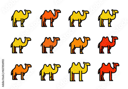 Set of colorful camel icons ideal for desertthemed projects. Perfect for travel websites, wildlife conservation materials, and middle eastern cultural designs.