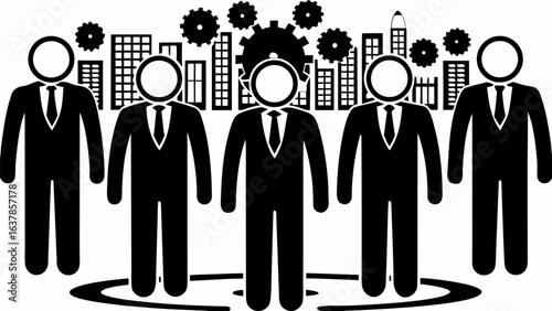 Illustration of five businessmen in suits standing in front of buildings and gears in black and white style silhouette