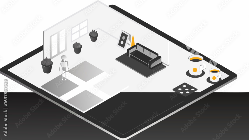 Isometric view of a modern living room with robot, sofa, plants, coffee cups and dice on a tablet silhouette Isometric view of a modern living room with robot, sofa, plants, coffee cups and dice on a tablet silhouette